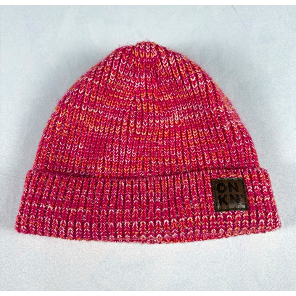 Dunkin' Women's Pink Marled Knit Acrylic Beanie Hat One Size Logo Accent